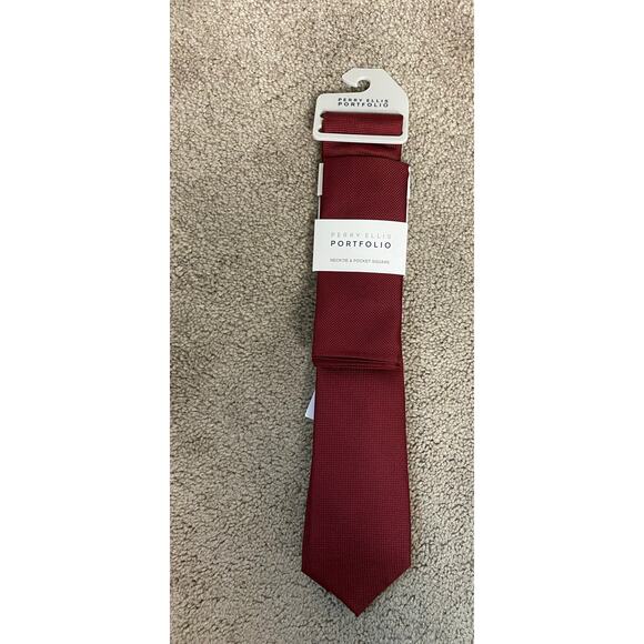 New Perry Ellis Portfolio Necktie and Pocket Square Set, Maroon - Picture 1 of 3